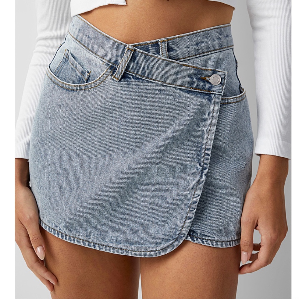 Beige Botany faded asymmetric crossover panel denim miniskirt NWT